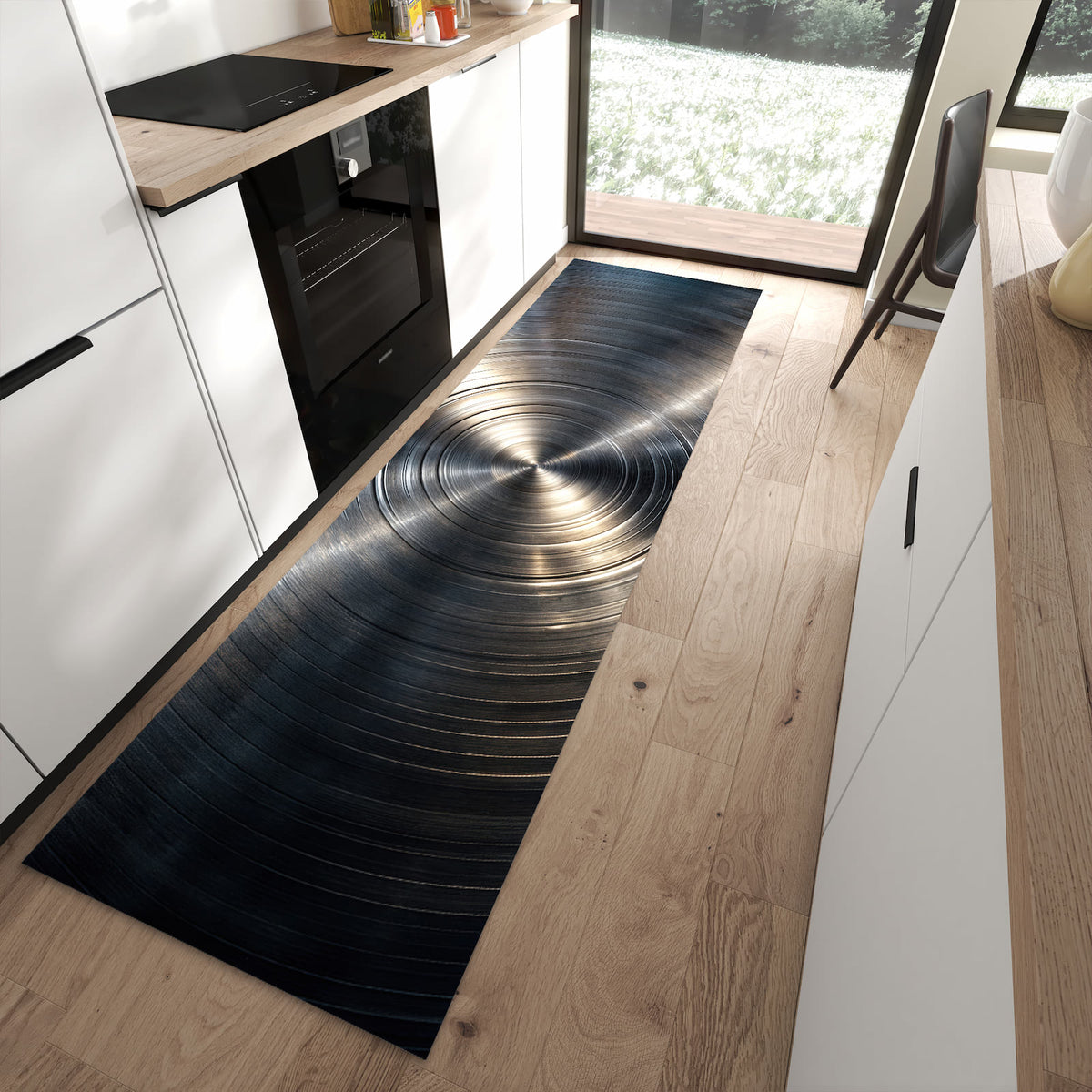 Wasserabweisender Bodenläufer mit Motiv Metallkreise in moderner Küche