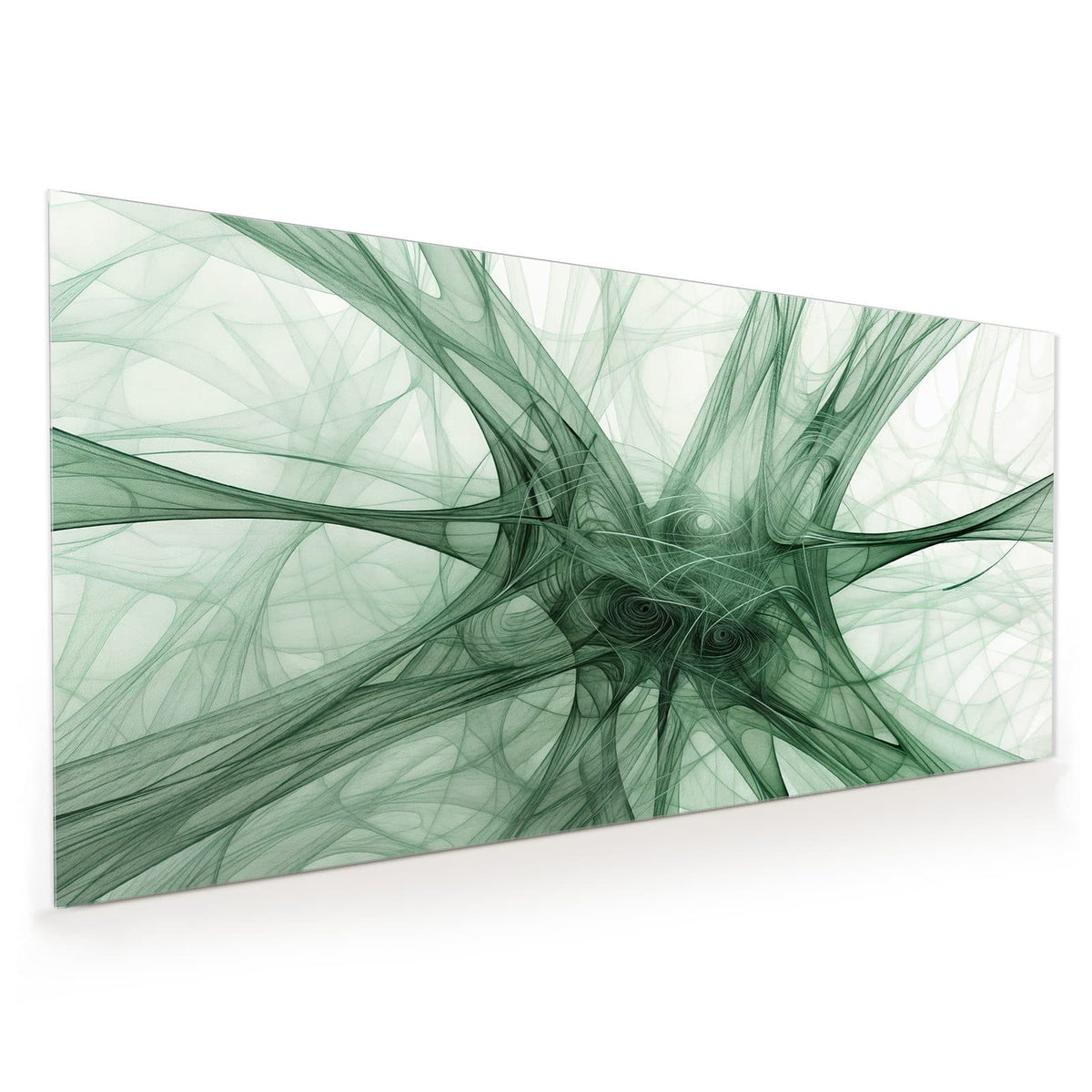 Küchenrückwand aus Glas im Hochformat: Feines grünes Fadengeflecht wie ein Netz vor hellem Grund