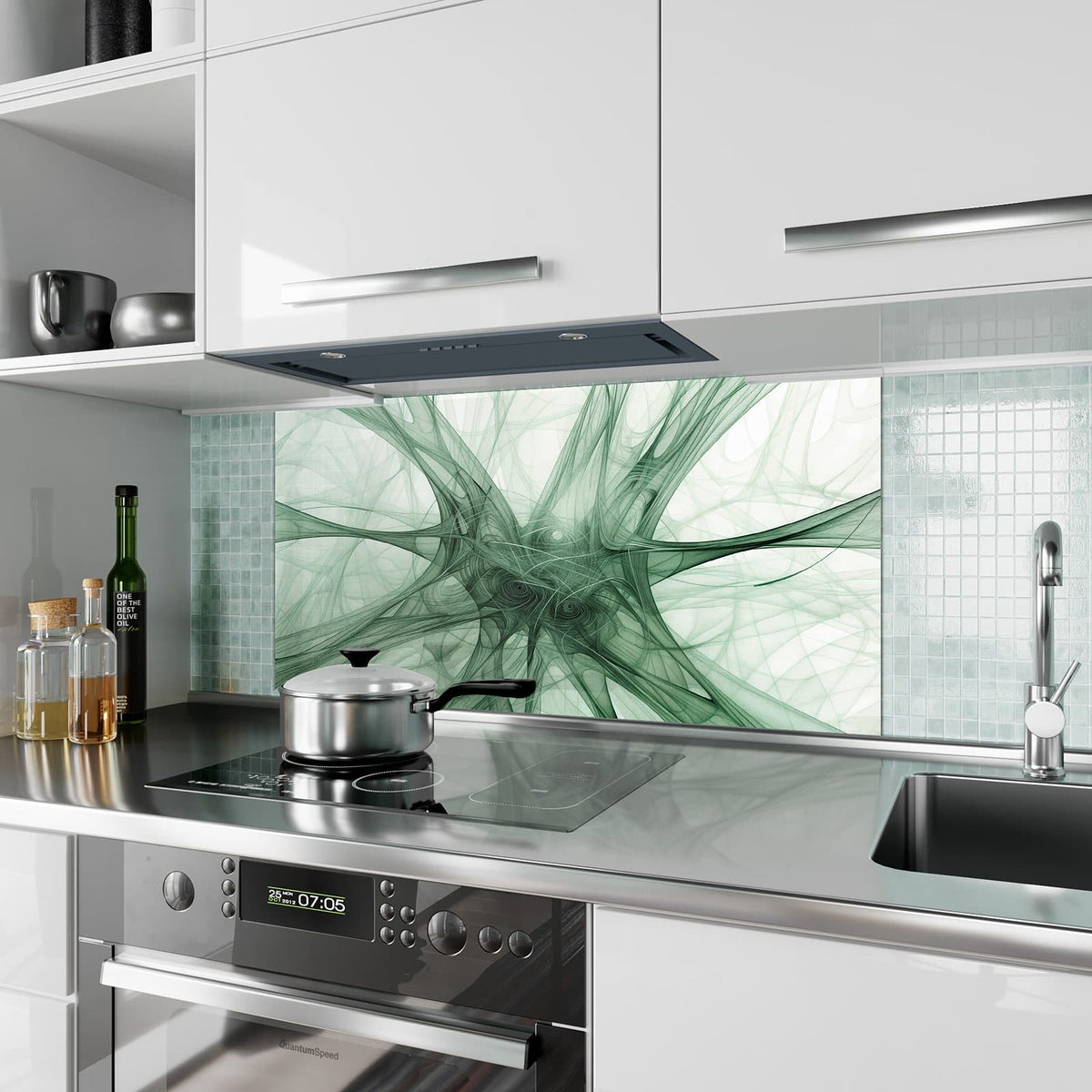 Küchenrückwand aus Glas Grünes Netzmuster im Hochformat als Spritzschutz hinter dem Kochfeld, über dem Fliesenspiegel montiert