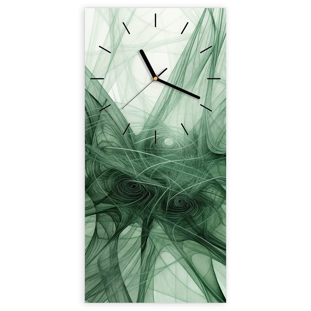 Wanduhr aus Glas, Ziffernblatt Linie: Feines grünes Fadengeflecht wie ein Netz vor hellem Grund