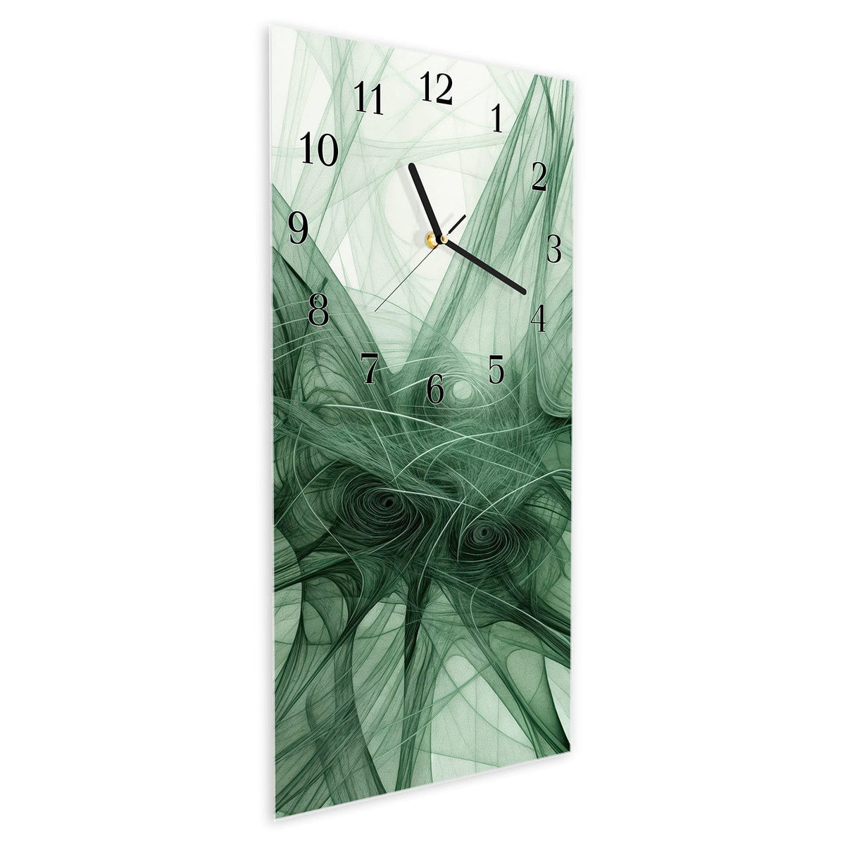 Wanduhr aus Glas im Hochformat Grünes Netzmuster schräg von der Seite, 4 mm starkes Glas