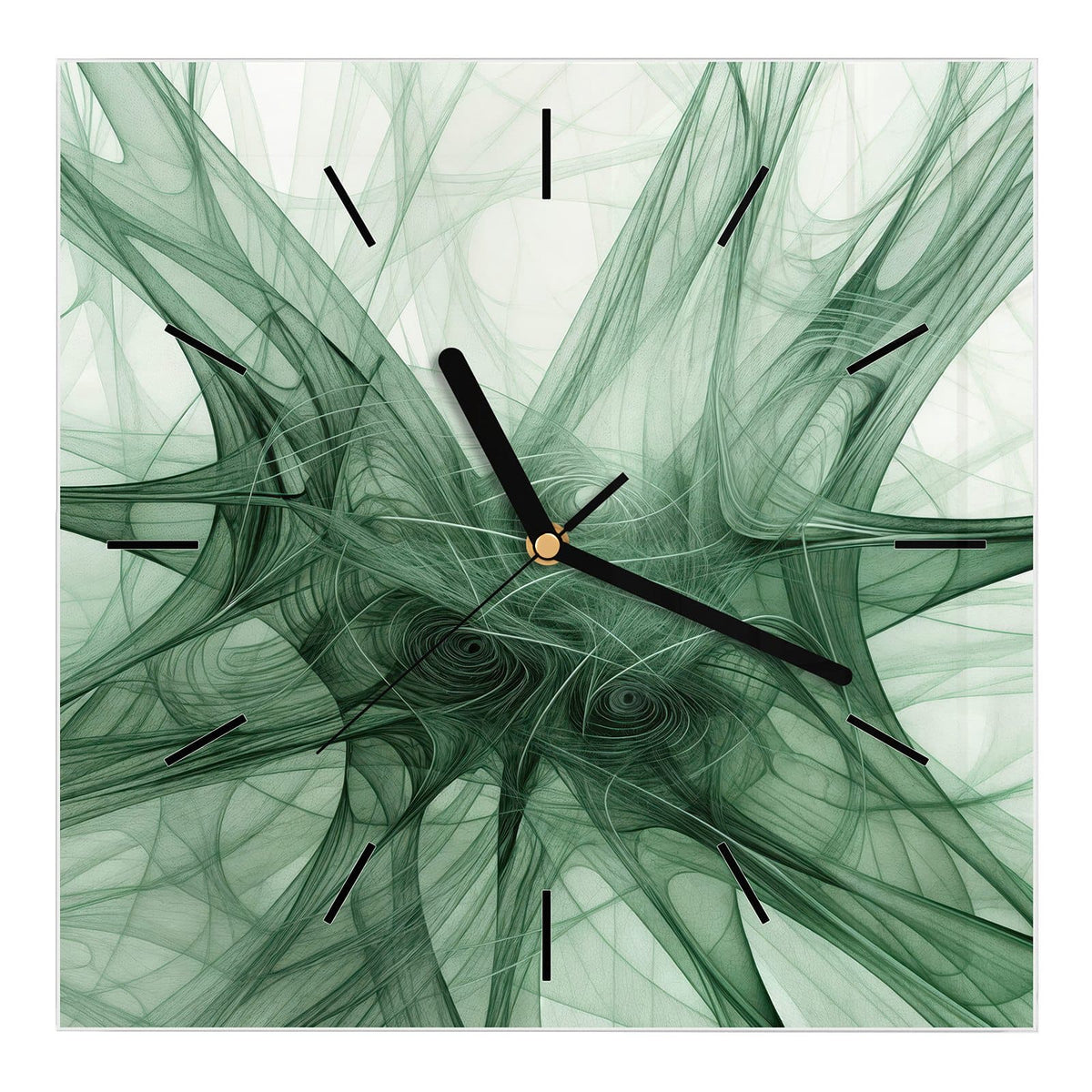 Wanduhr aus Glas, Ziffernblatt Linie: Feines grünes Fadengeflecht wie ein Netz vor hellem Grund