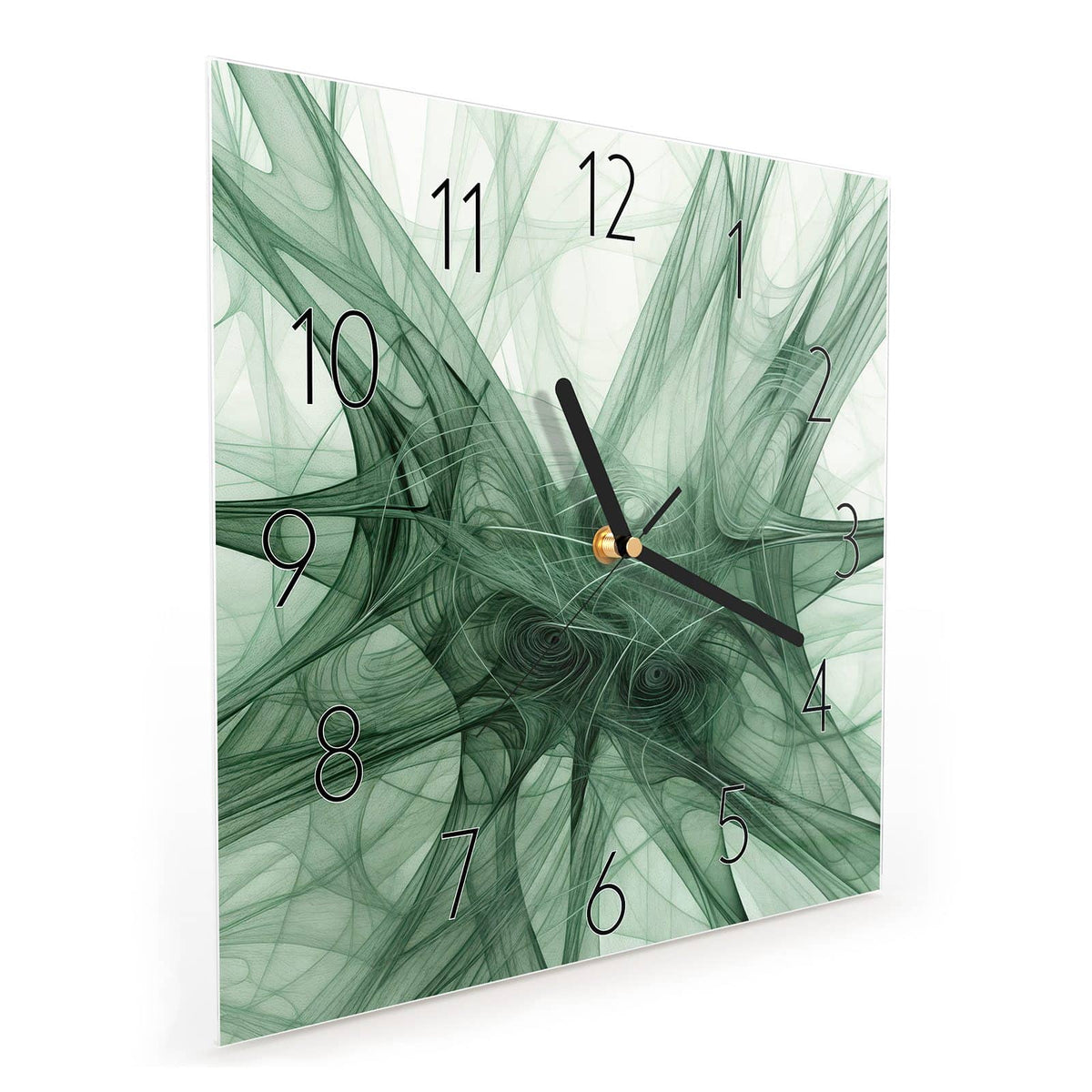 Quadratische Wanduhr aus Glas Grünes Netzmuster schräg von der Seite, 4 mm starkes Glas