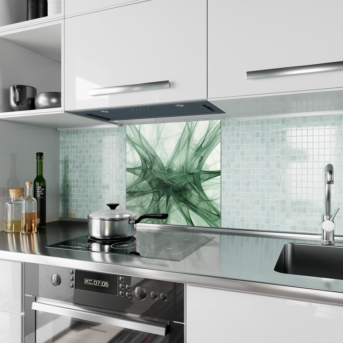 Küchenrückwand aus Glas Grünes Netzmuster im quadratischen Format als Spritzschutz hinter dem Kochfeld, über dem Fliesenspiegel montiert