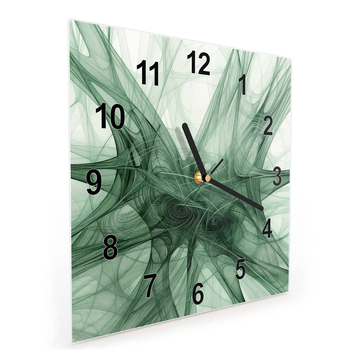 Quadratische Wanduhr aus Glas Grünes Netzmuster schräg von der Seite, 4 mm starkes Glas