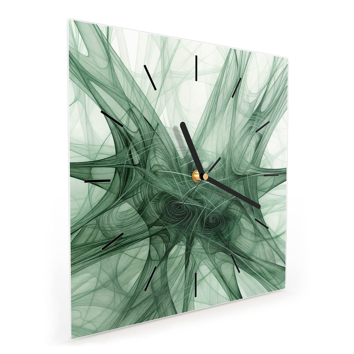Quadratische Wanduhr aus Glas Grünes Netzmuster schräg von der Seite, 4 mm starkes Glas