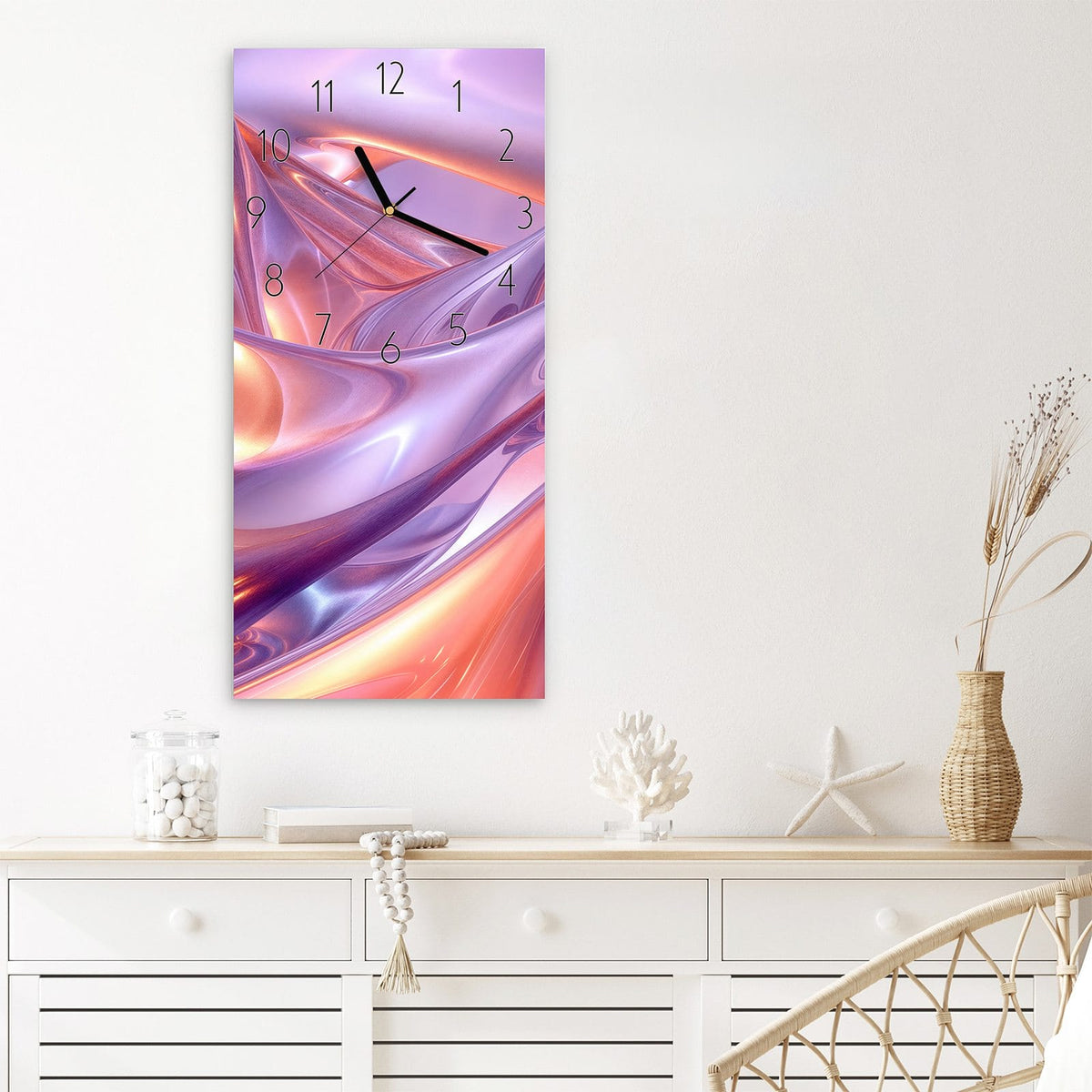 Wanduhr Abstrakte Wellenform aus Glas – Glänzende Wellen in Violett