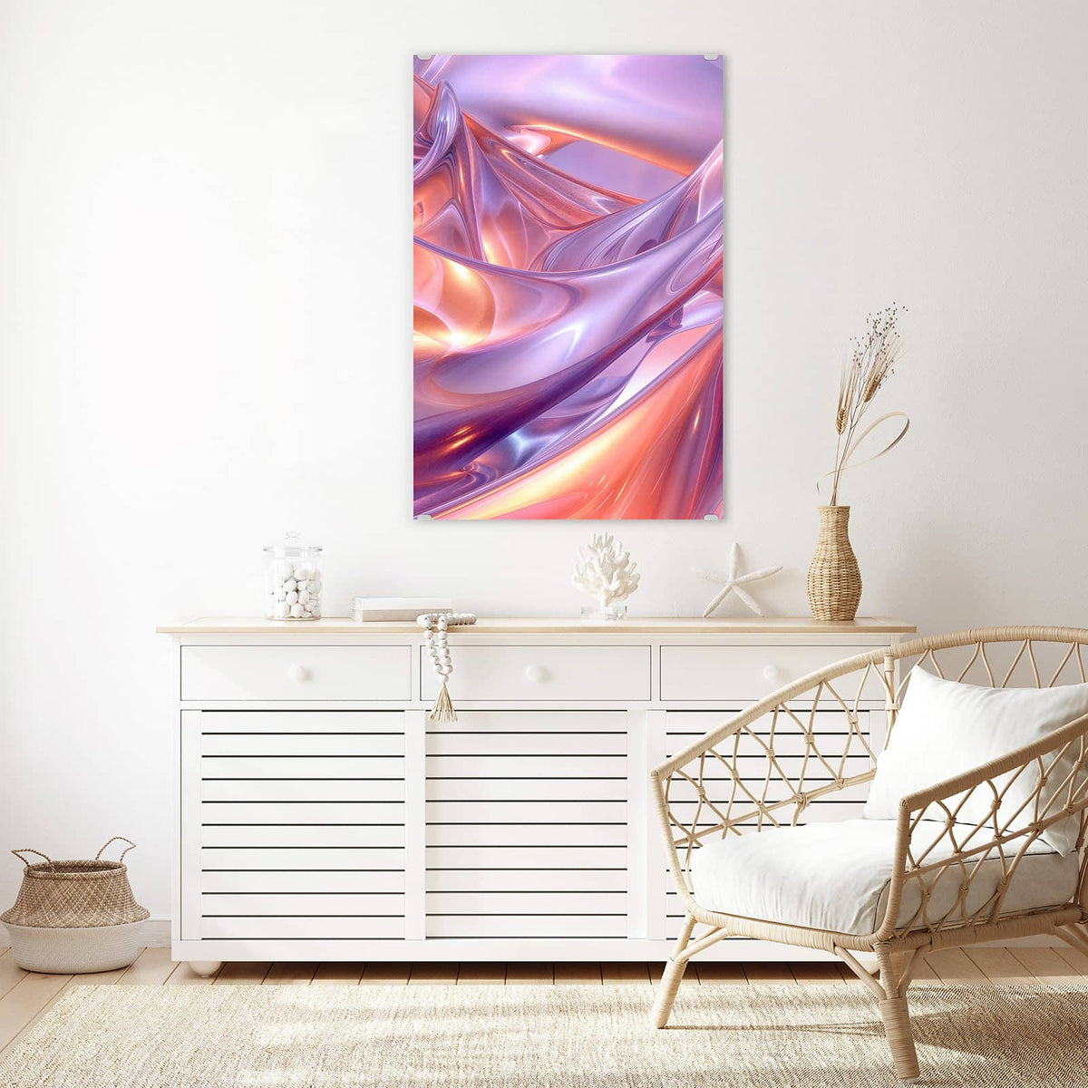 Glasbild Glänzende Lilawellen an der Wand – Glänzende 3D-Bänder in Flieder, Rosa und Apricot