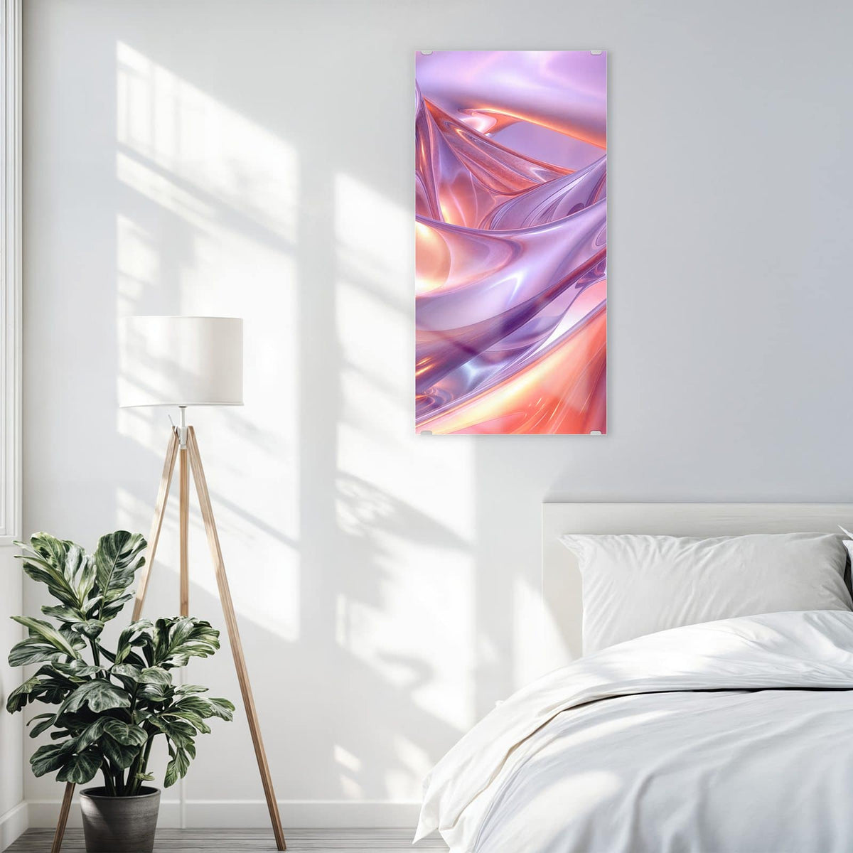 Glasbild Glänzende Lilawellen an der Wand – Glänzende 3D-Bänder in Flieder, Rosa und Apricot