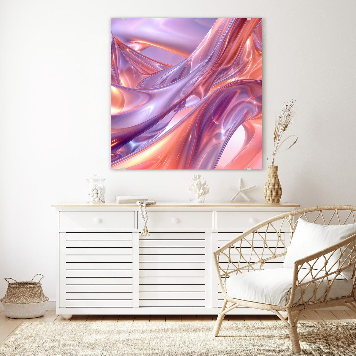 Glasbild Glänzende Lilawellen an der Wand – Glänzende 3D-Bänder in Flieder, Rosa und Apricot