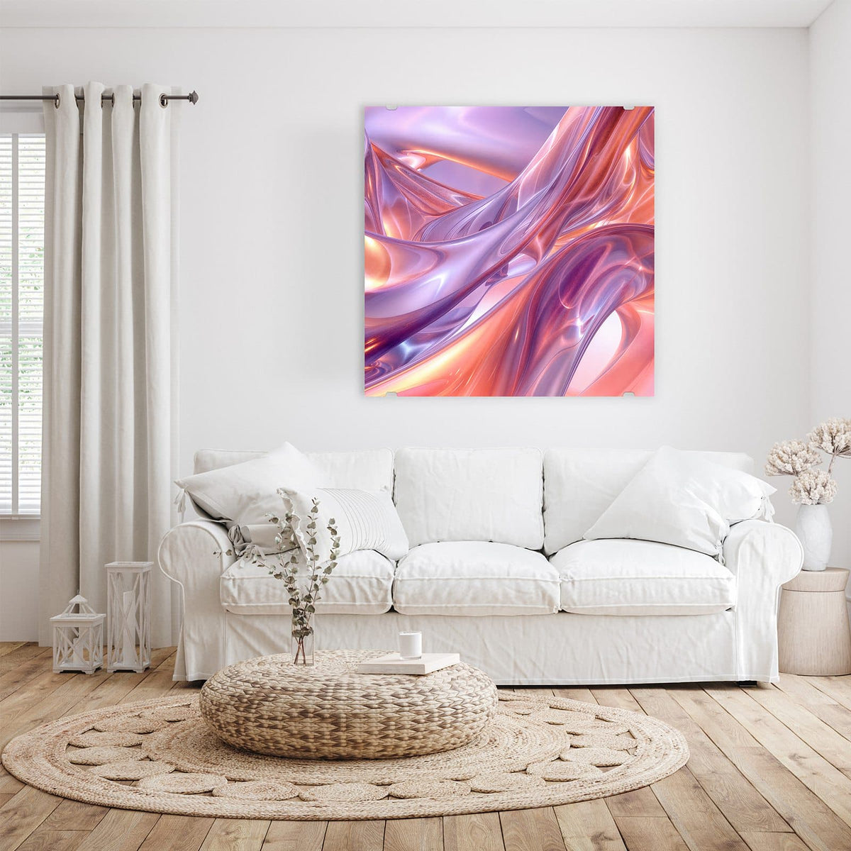Glasbild Glänzende Lilawellen an der Wand – Glänzende 3D-Bänder in Flieder, Rosa und Apricot