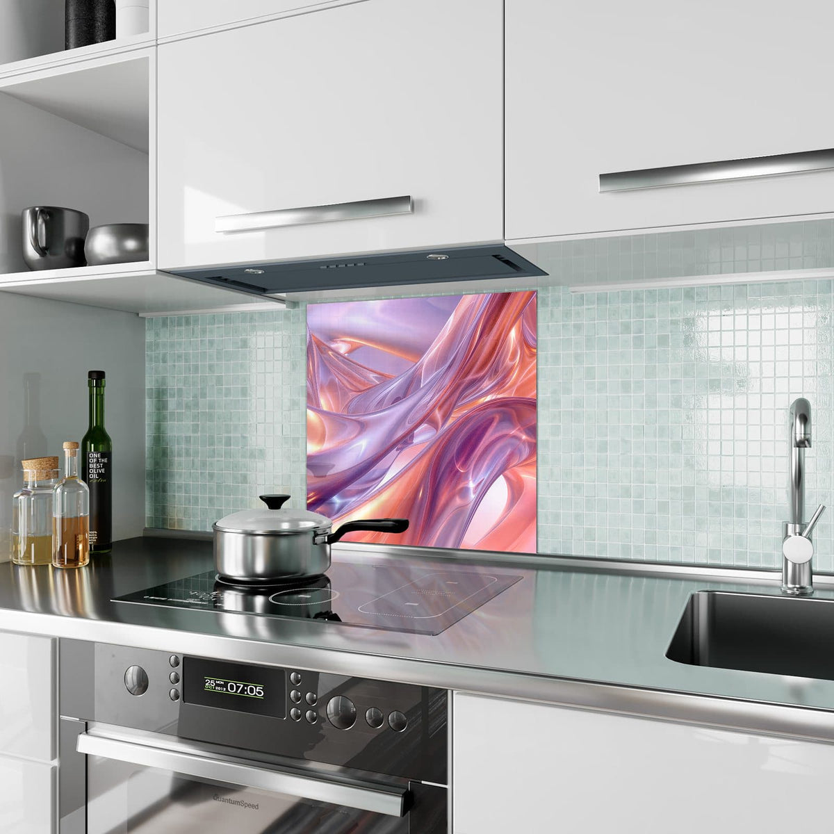 Küchenrückwand Glänzende Lilawellen aus Glas – Glänzende Bänder in Flieder und Rosa