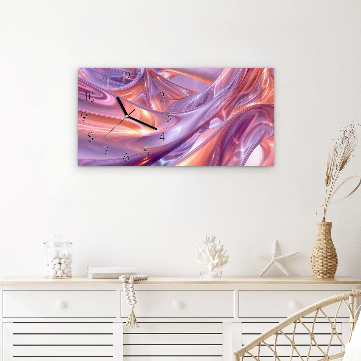 Wanduhr Abstrakte Wellenform aus Glas – Querformat 60 × 30 cm – Glänzende Wellen in Violett