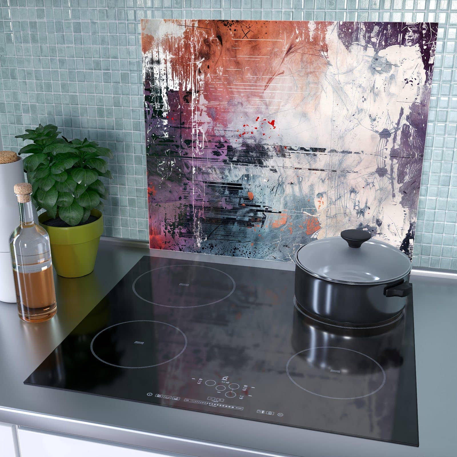 1-teilige Herdabdeckung für Induktionsfeld mit Abstrakte Kunst Komposition-Motiv als Spritzschutz hinter dem Kochfeld