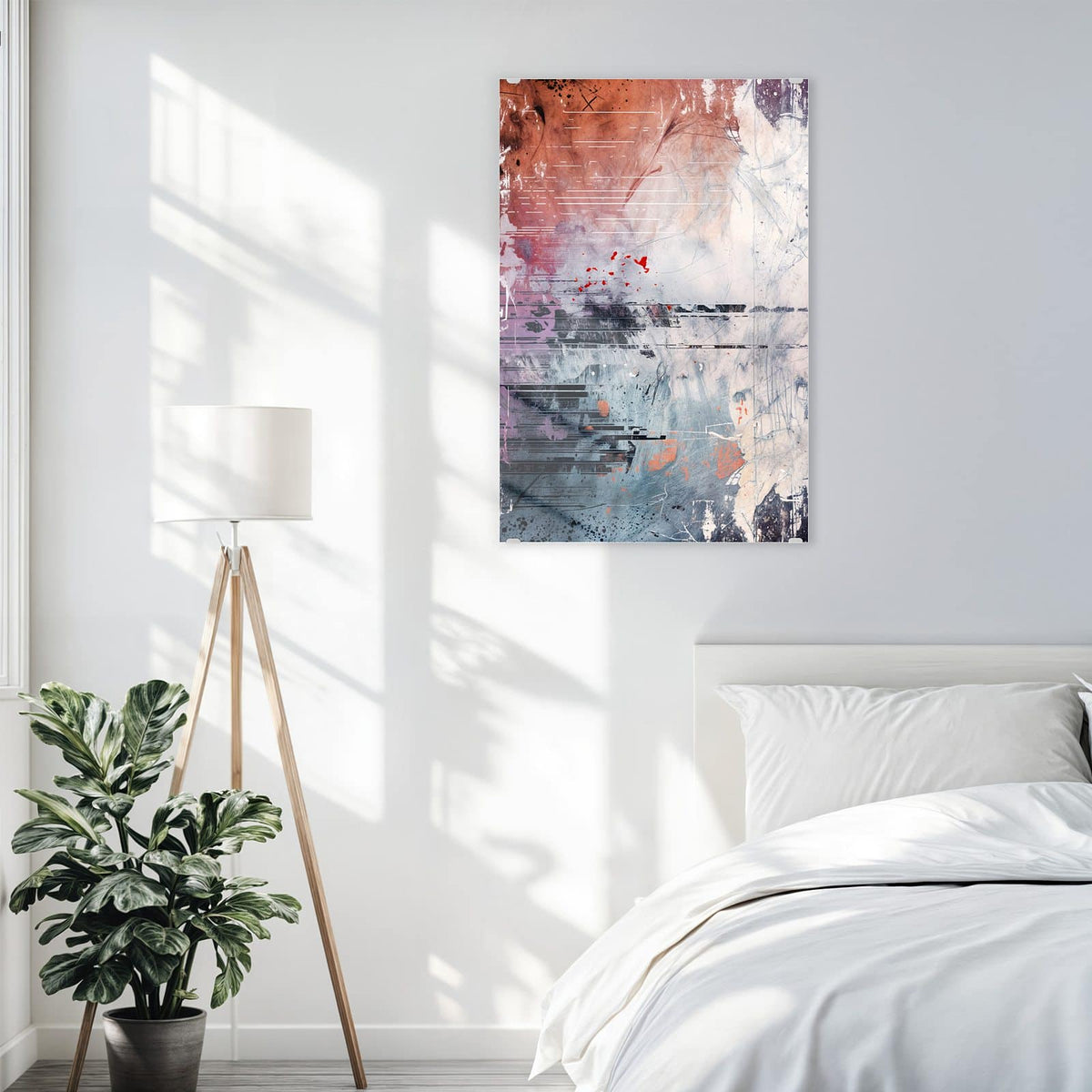 Glasbild Farbschlieren in Lila an der Wand – Verwischte waagerechte Farbschlieren in Lila, Rot und Grau mit Kratzern