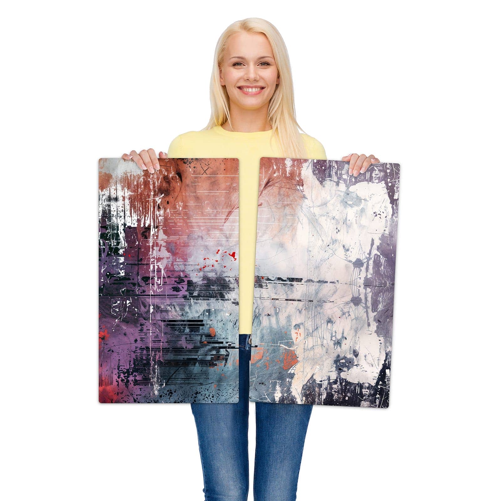 2-teilige Herdabdeckplatte aus Glas mit Abstrakte Kunst Komposition-Motiv wird zur Größendarstellung gehalten