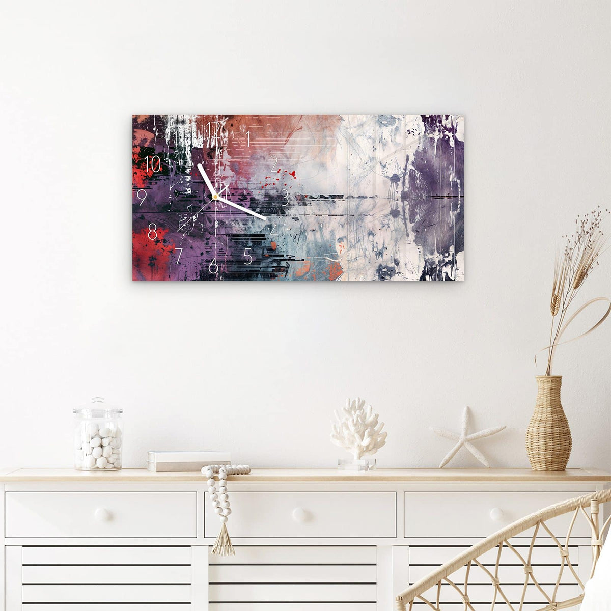 Wanduhr Abstrakte Kunst Komposition aus Glas – Querformat 60 × 30 cm – Linien in Rot, Lila und Blau
