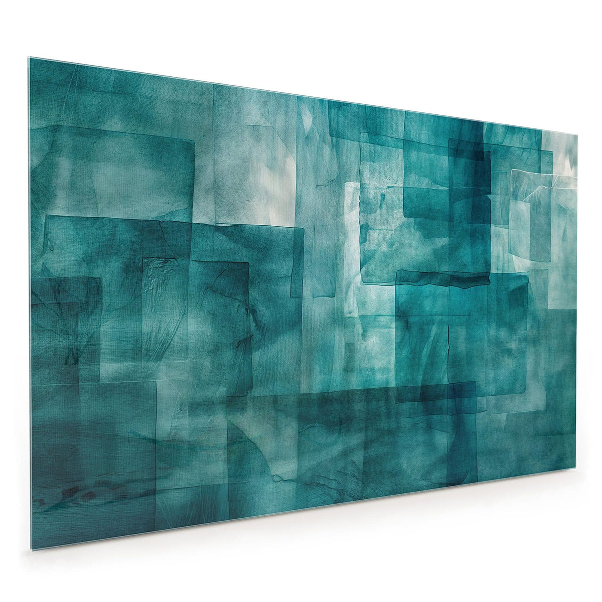 Küchenrückwand aus Glas im Hochformat mit Motiv Transparente Rechtecke: Überlagerte halbtransparente Rechtecke in Petrol und Mint