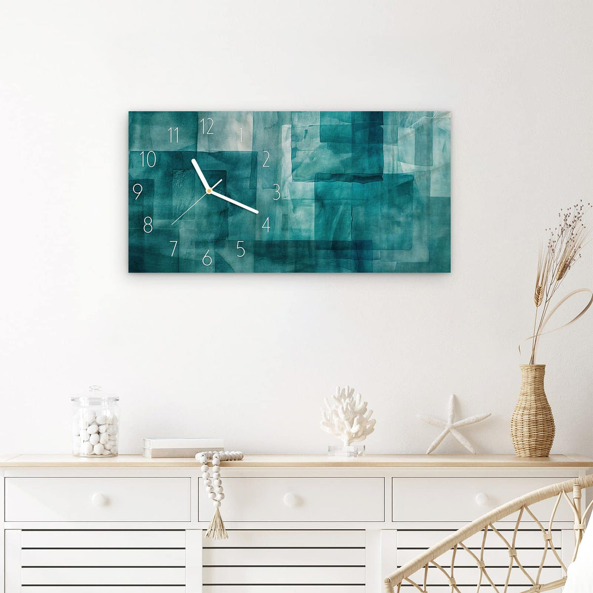Wanduhr Abstrakte Formen aus Glas – Querformat 60 × 30 cm – Transparente Rechtecke in Türkis
