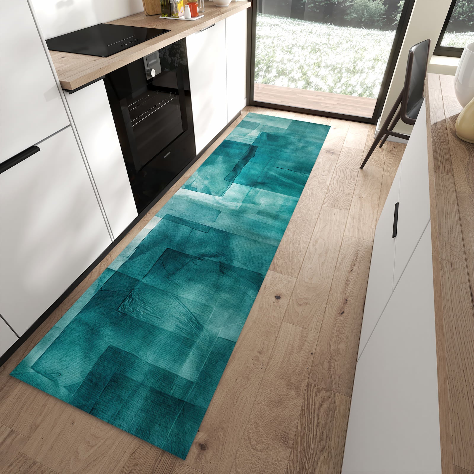 Rutschfester Küchenläufer mit Motiv Abstrakte Formen schützt Böden in moderner Küche