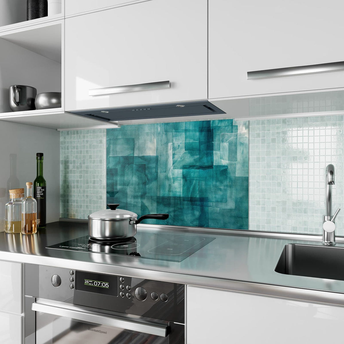 Küchenrückwand aus Glas Transparente Rechtecke im Hochformat als Spritzschutz hinter dem Kochfeld, über dem Fliesenspiegel montiert