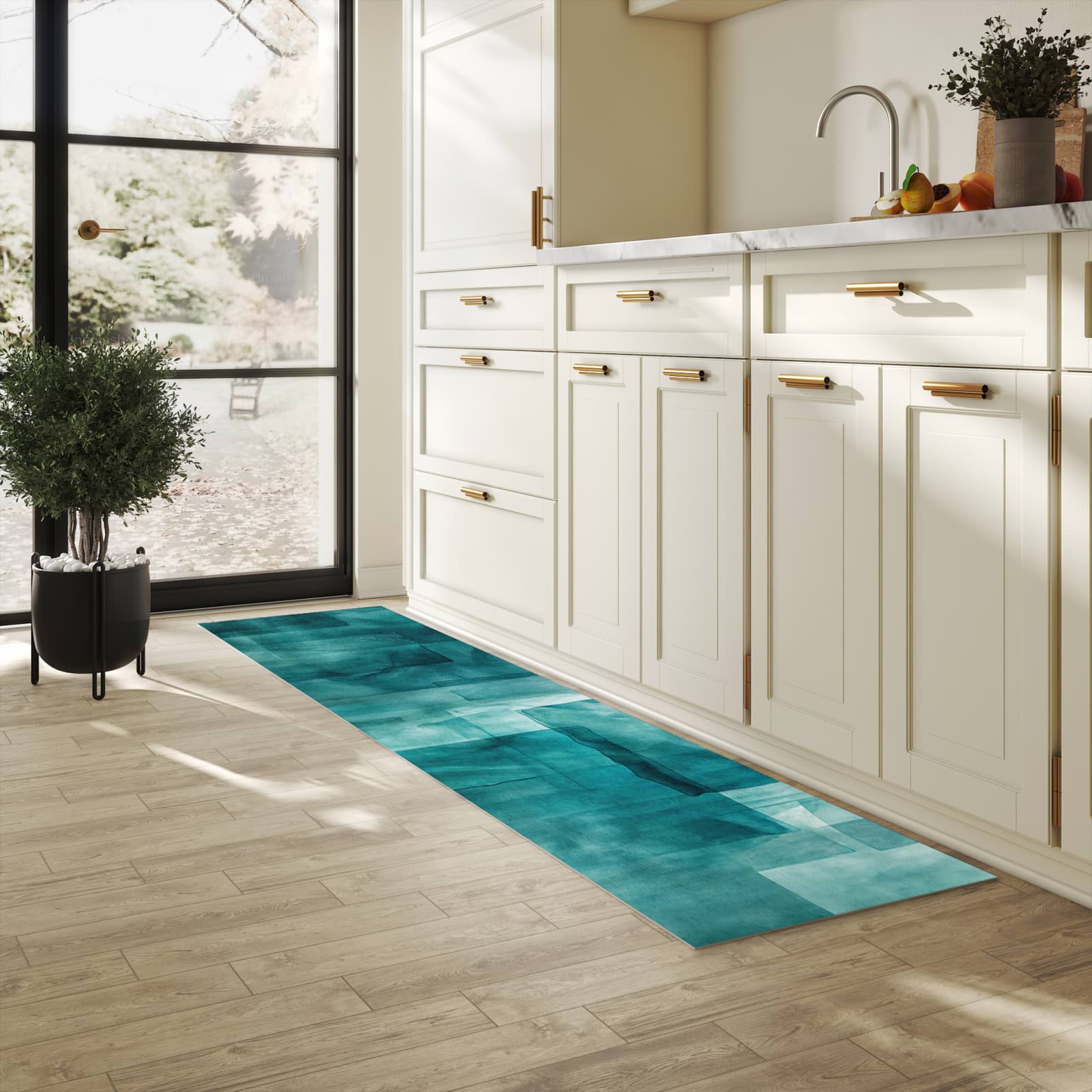 Pflegeleichter dünner Teppich mit Motiv Abstrakte Formen in heller Küche