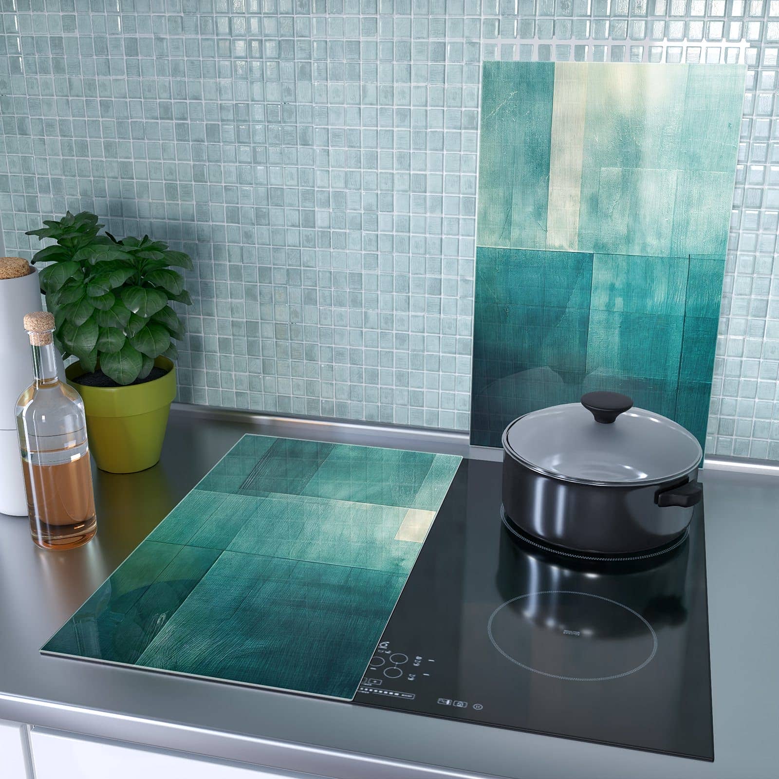 2-teilige Herdabdeckplatte aus Glas mit Abstrakter Hintergrund-Motiv als Spritzschutz hinter dem Kochfeld