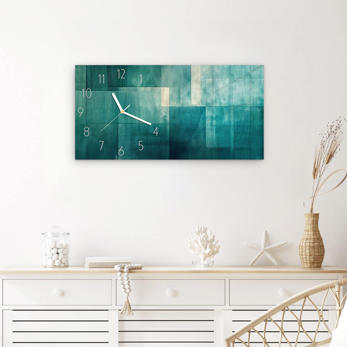 Wanduhr Abstrakter Hintergrund aus Glas – Querformat 60 × 30 cm – Hölzerne Platten in Türkis
