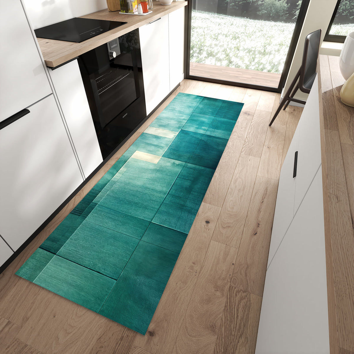 Geruchsneutraler Bodenläufer Teppich mit Motiv Abstrakter Hintergrund in moderner Küche