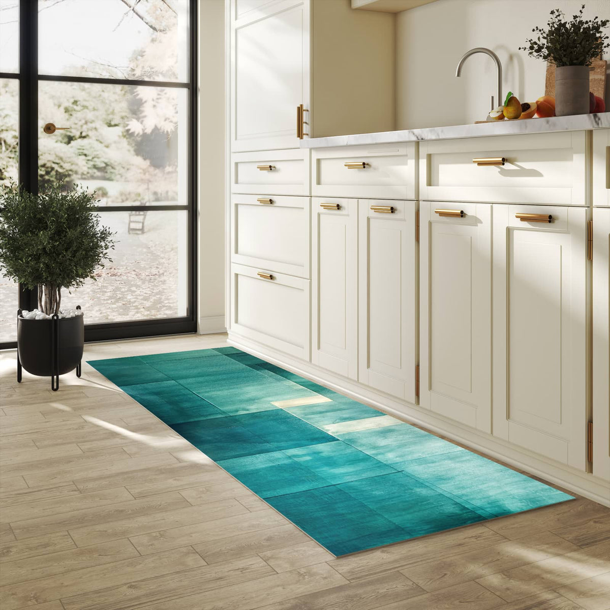 Abriebfester waschbarer Teppich Küche mit Motiv Abstrakter Hintergrund in heller Küche