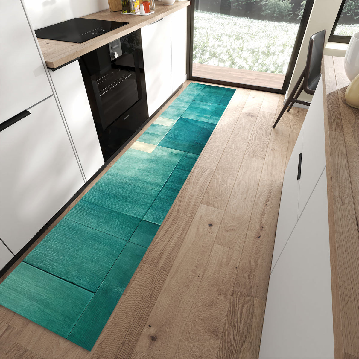 Wasserabweisender Teppich für Esstisch mit Motiv Abstrakter Hintergrund in moderner Küche