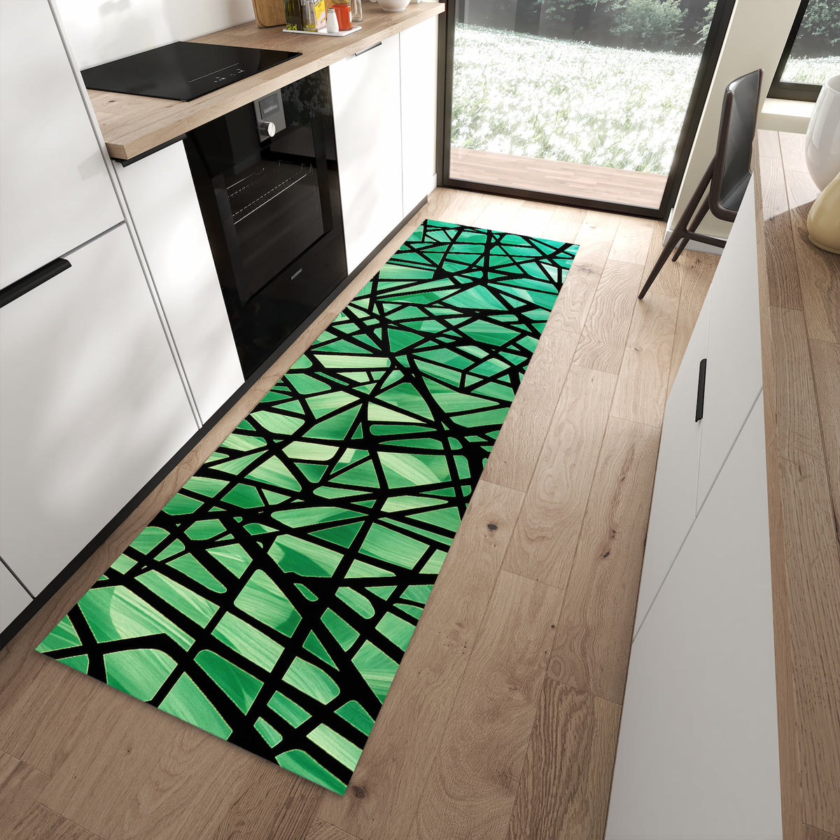 Flacher Küchenteppich mit Motiv Geometrisches Glasmuster in moderner Küche
