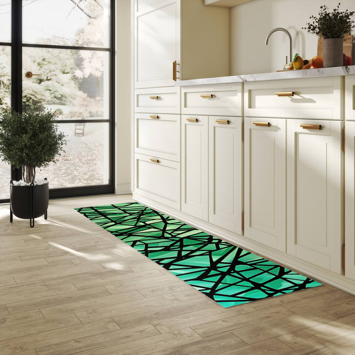 Waschbarer Küchenteppich mit Motiv Geometrisches Glasmuster in heller Küche für sichere Aufbewahrung