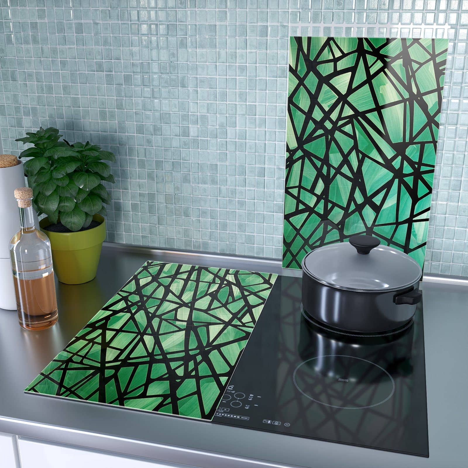 2-teilige Herdabdeckplatte aus Glas mit Geometrisches Glasmuster-Motiv als Spritzschutz hinter dem Kochfeld