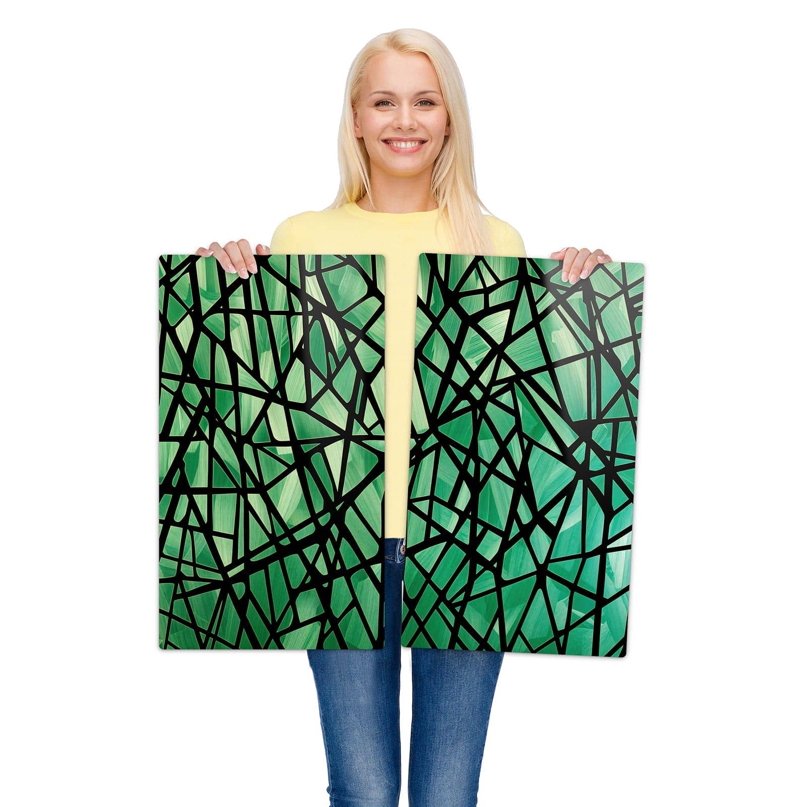 2-teilige Abdeckplatten mit Geometrisches Glasmuster-Motiv werden zur Größendarstellung gehalten