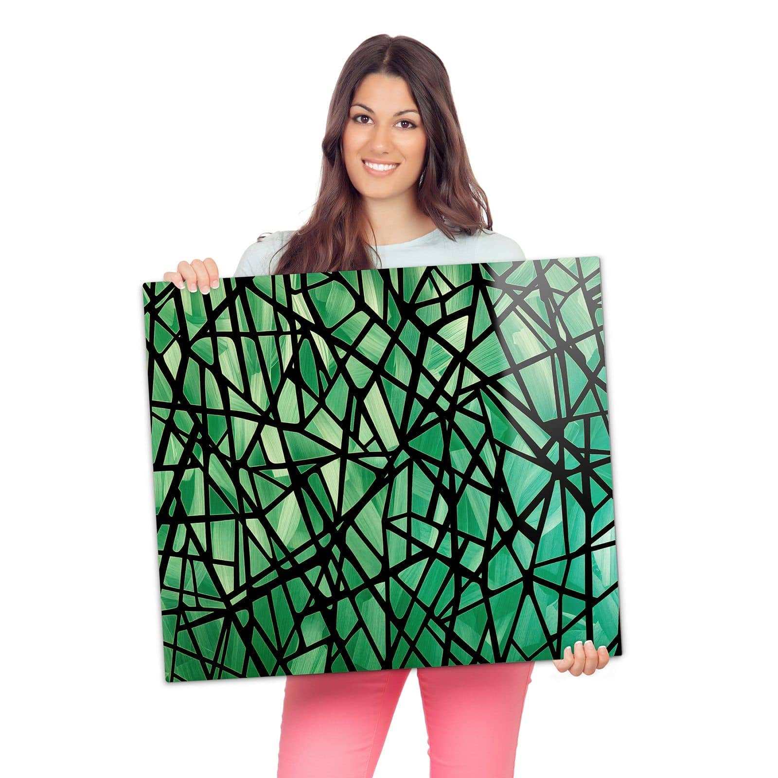 Herdabdeckplatte mit Geometrisches Glasmuster-Motiv wird zur Größendarstellung gehalten