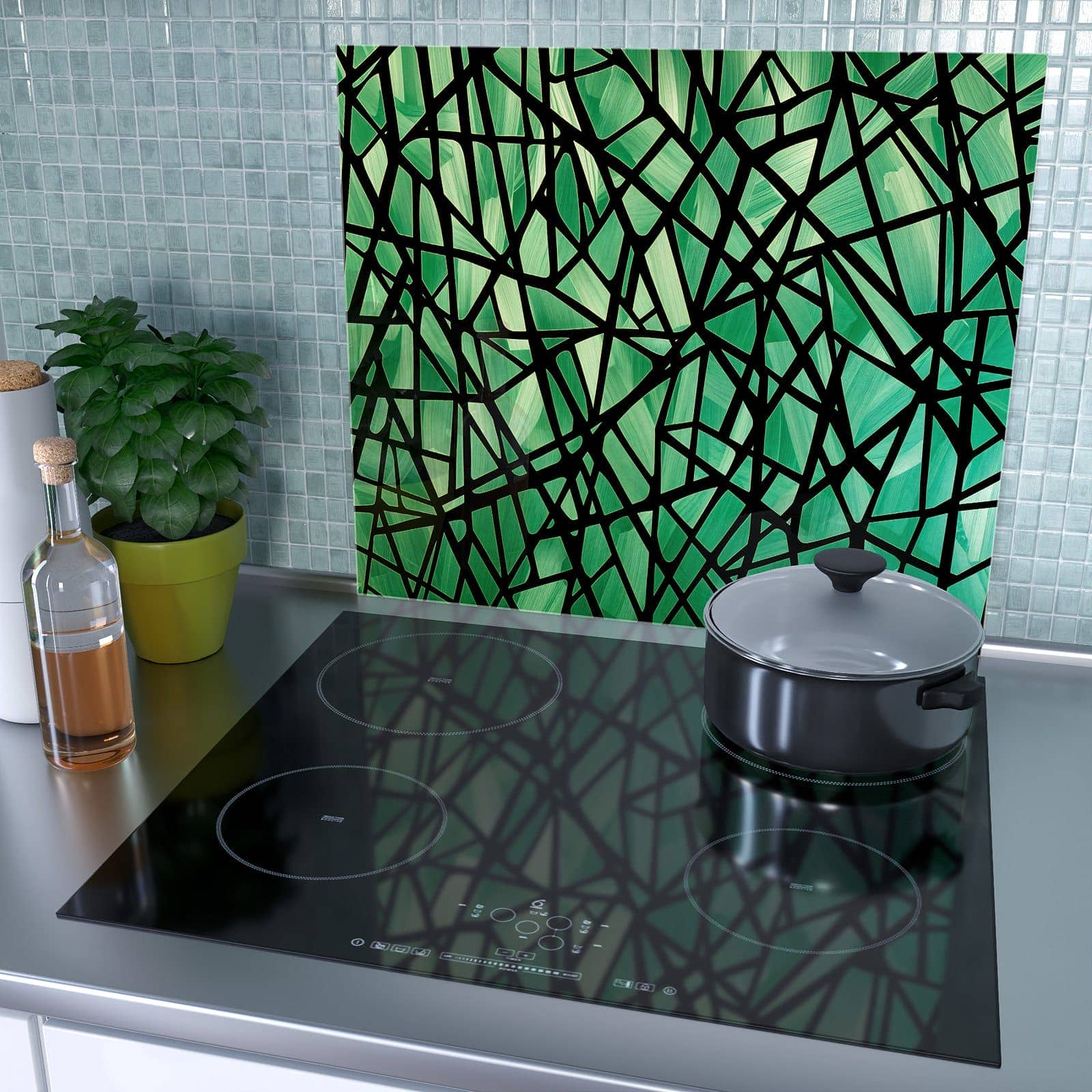1-teilige Herdabdeckplatte mit Geometrisches Glasmuster-Motiv als Spritzschutz hinter dem Kochfeld