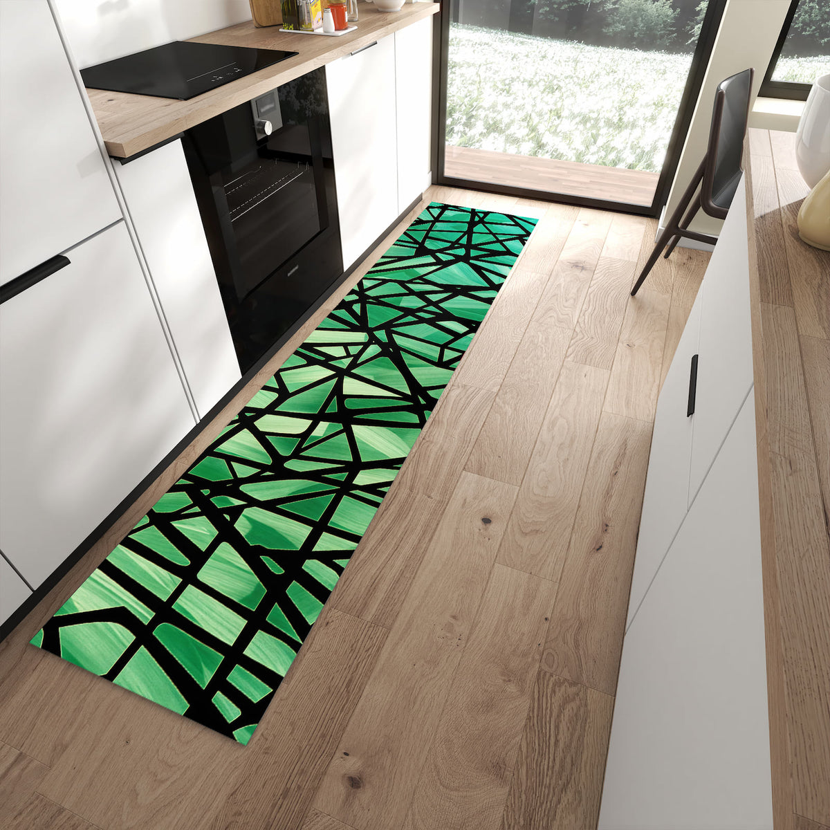 Fleckenresistenter abwaschbarer Küchenteppich mit Motiv Geometrisches Glasmuster in moderner Küche