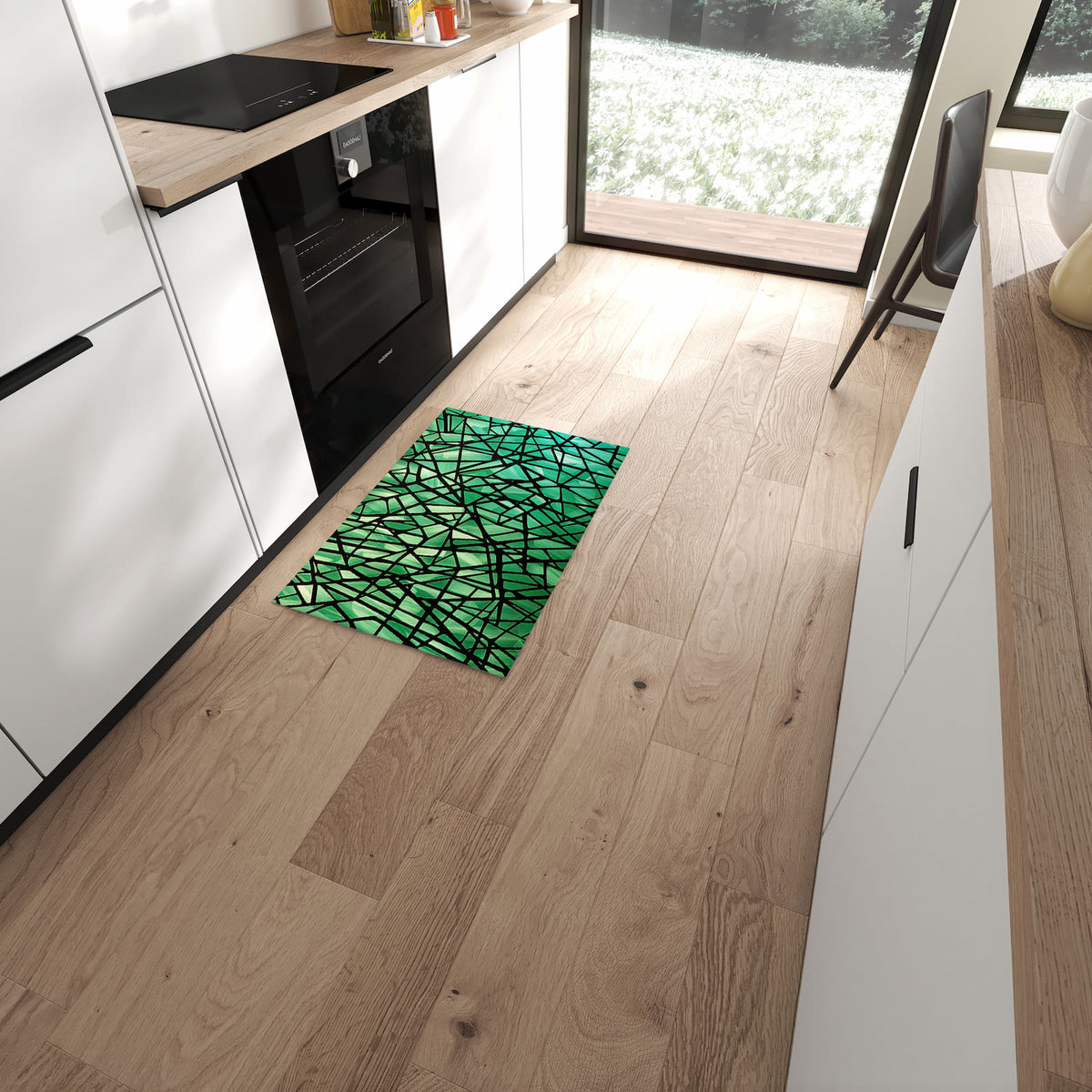 Geruchsneutraler Küchenteppich mit Motiv Geometrisches Glasmuster in moderner Küche