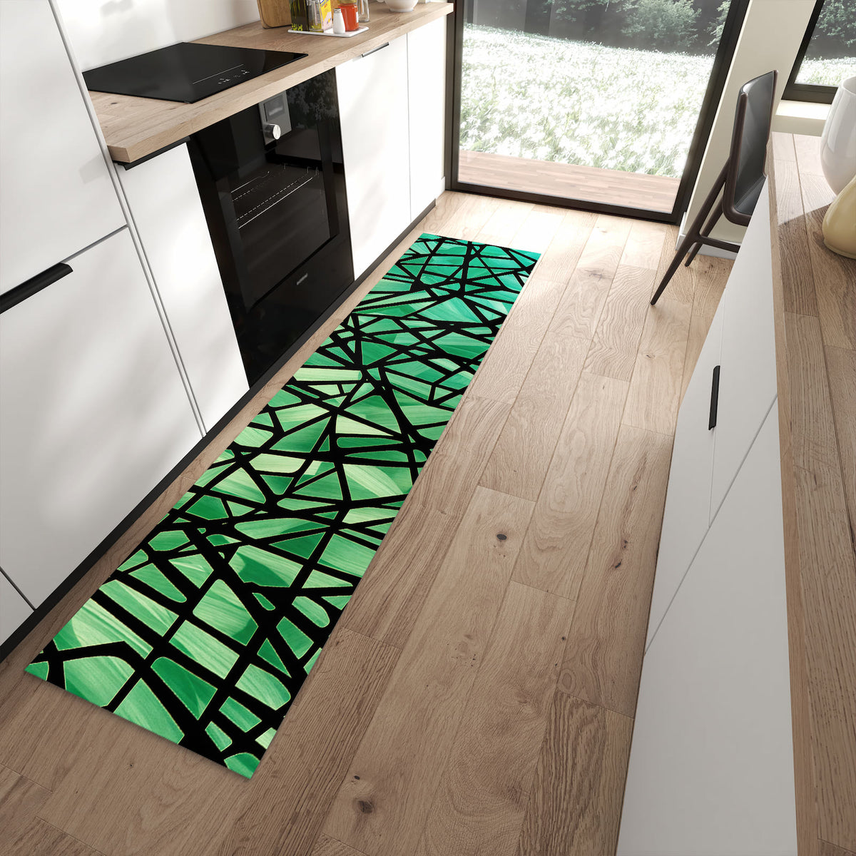 Wasserabweisender Küchenläufer mit Motiv Geometrisches Glasmuster in moderner Küche