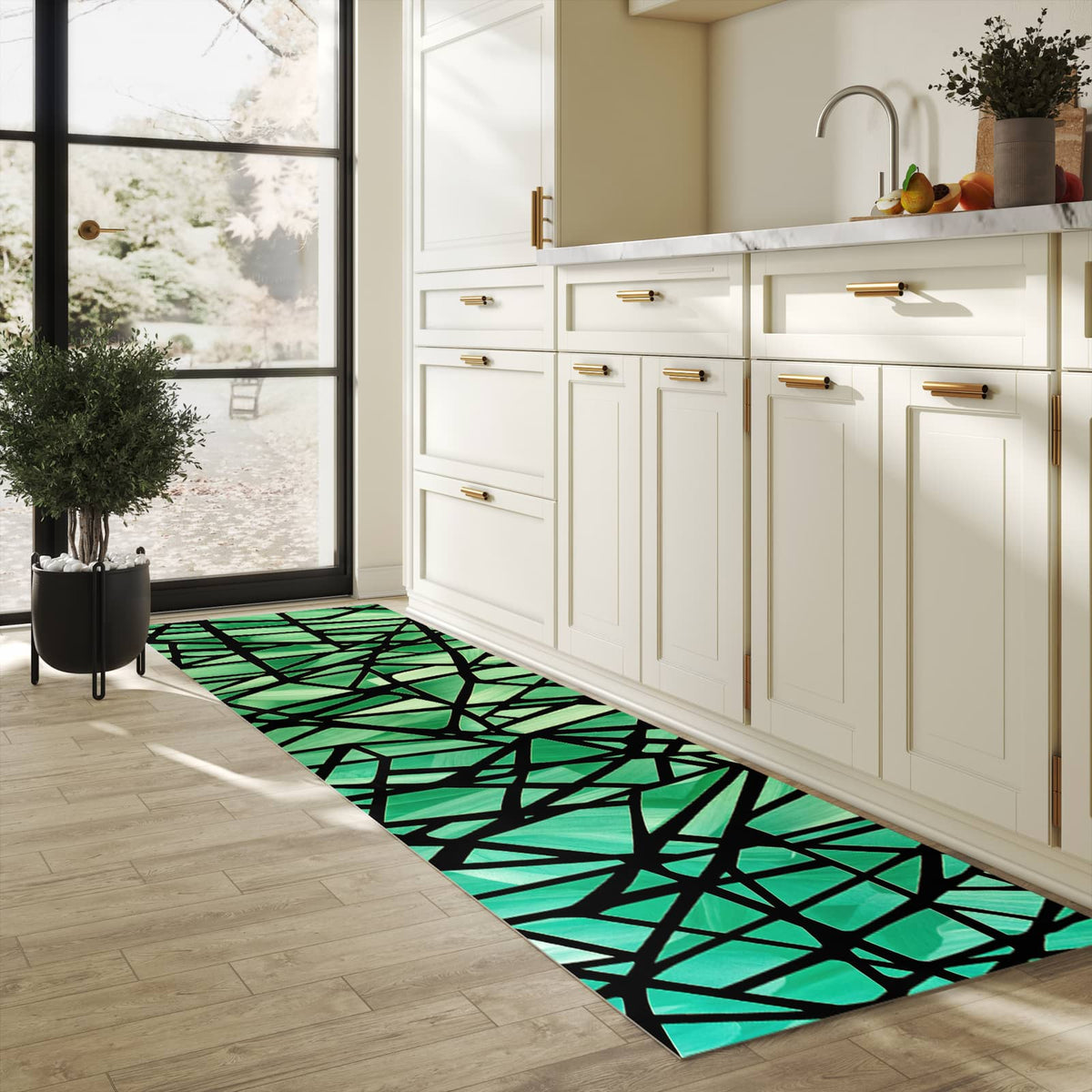 Fleckenresistenter Küchenläufer mit Motiv Geometrisches Glasmuster in heller Küche