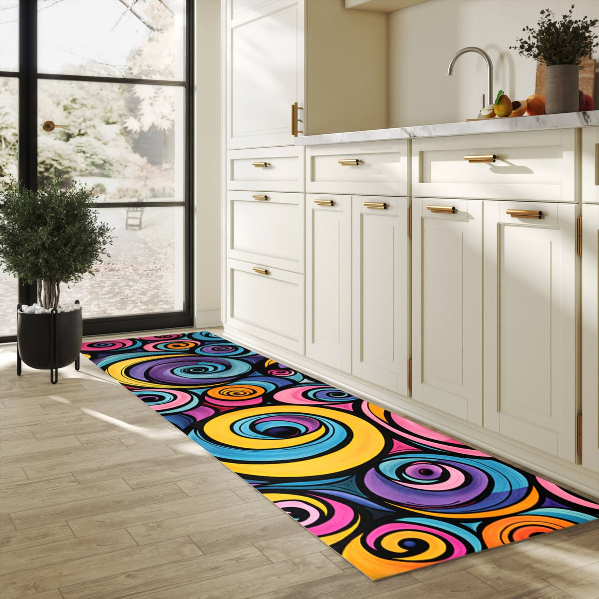 Feuchtigkeitsresistenter Küchenteppich mit Motiv Farbige Spiralen in heller Küche