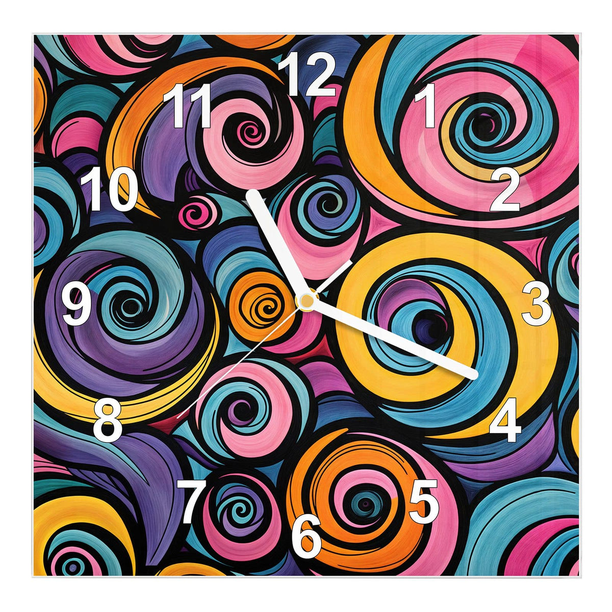 Wanduhr aus Glas, Ziffernblatt Modern mit Motiv Farbige Spiralen: Dicht gepackte Spiralen in Pink, Orange, Blau und Violett mit schwarzen Konturen #ziffernblatt_Modern
