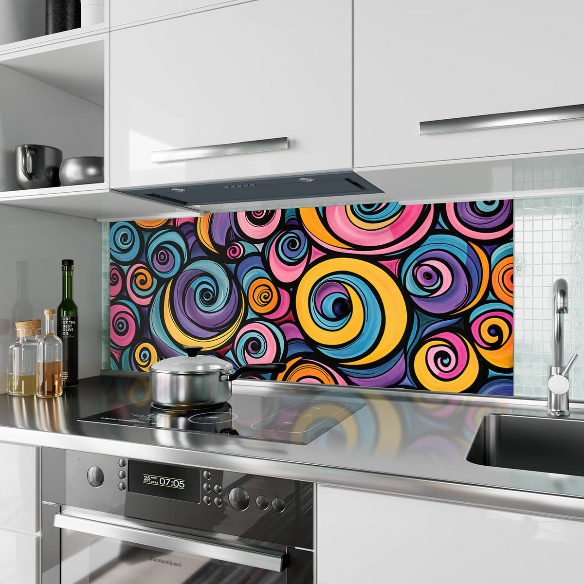 Küchenrückwand aus Glas Farbige Spiralen im Hochformat als Spritzschutz hinter dem Kochfeld, über dem Fliesenspiegel montiert