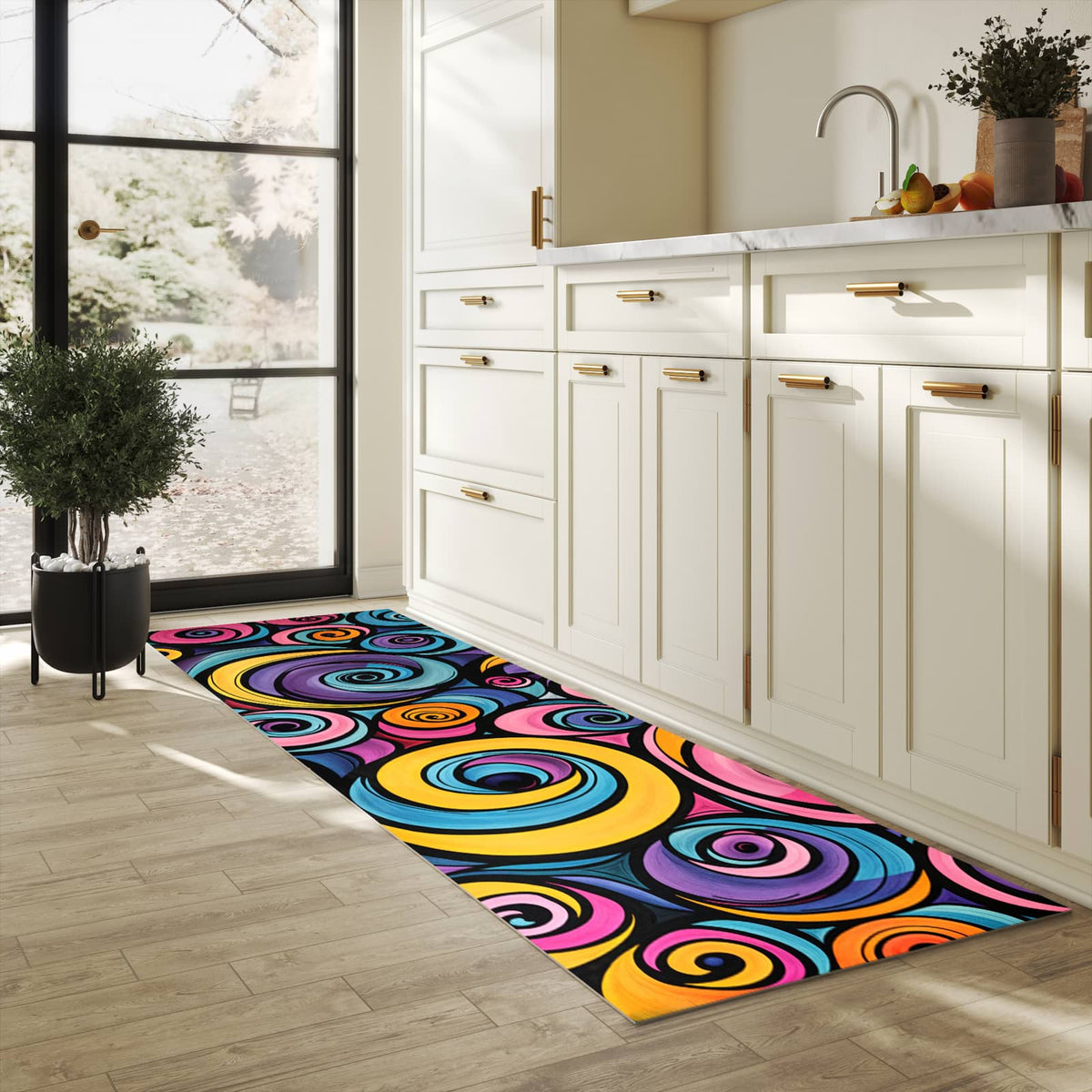 Rutschfester Bodenläufer-Teppich mit Motiv Farbige Spiralen in heller Küche