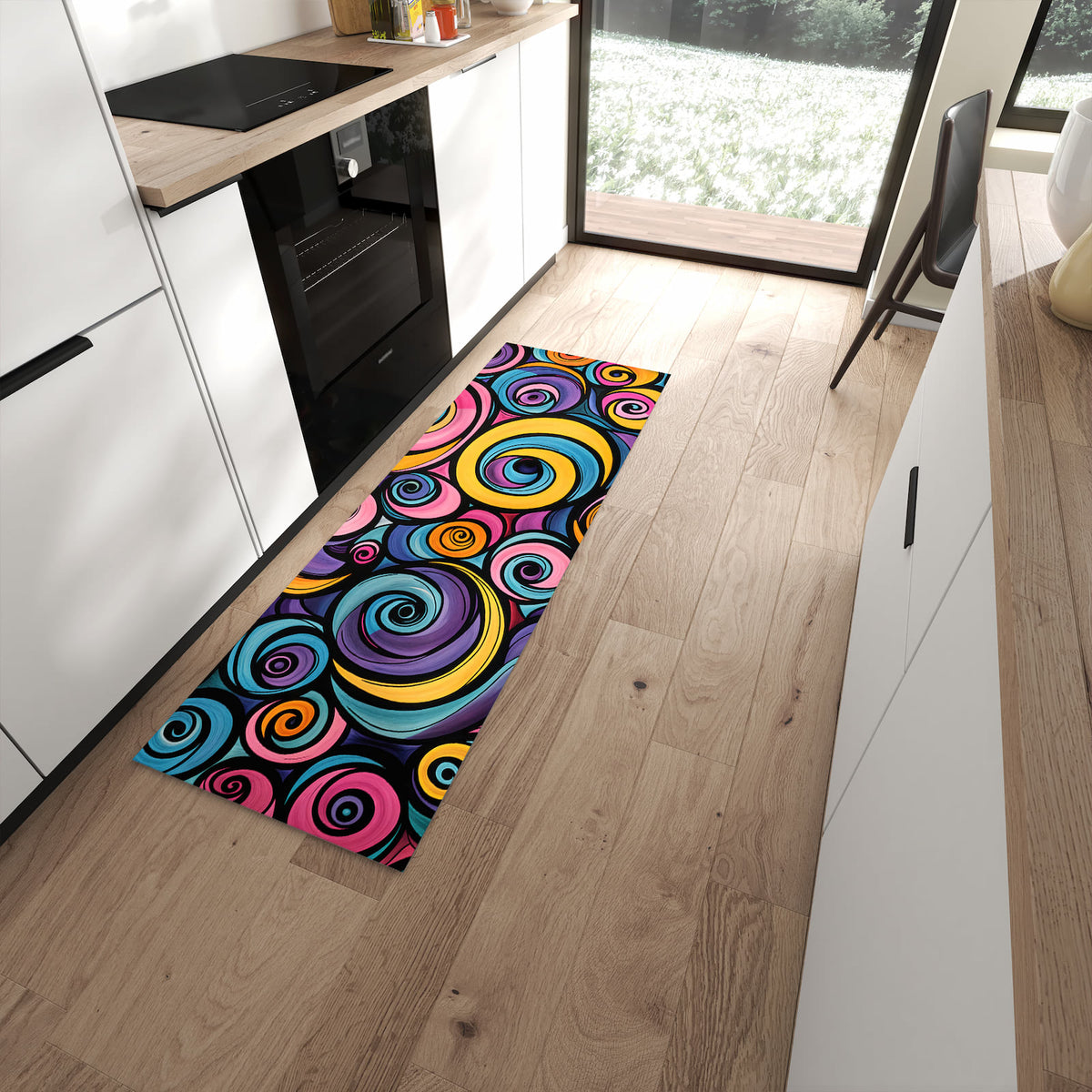 Langlebiger rutschfester Küchenteppich mit Motiv Farbige Spiralen in moderner Küche