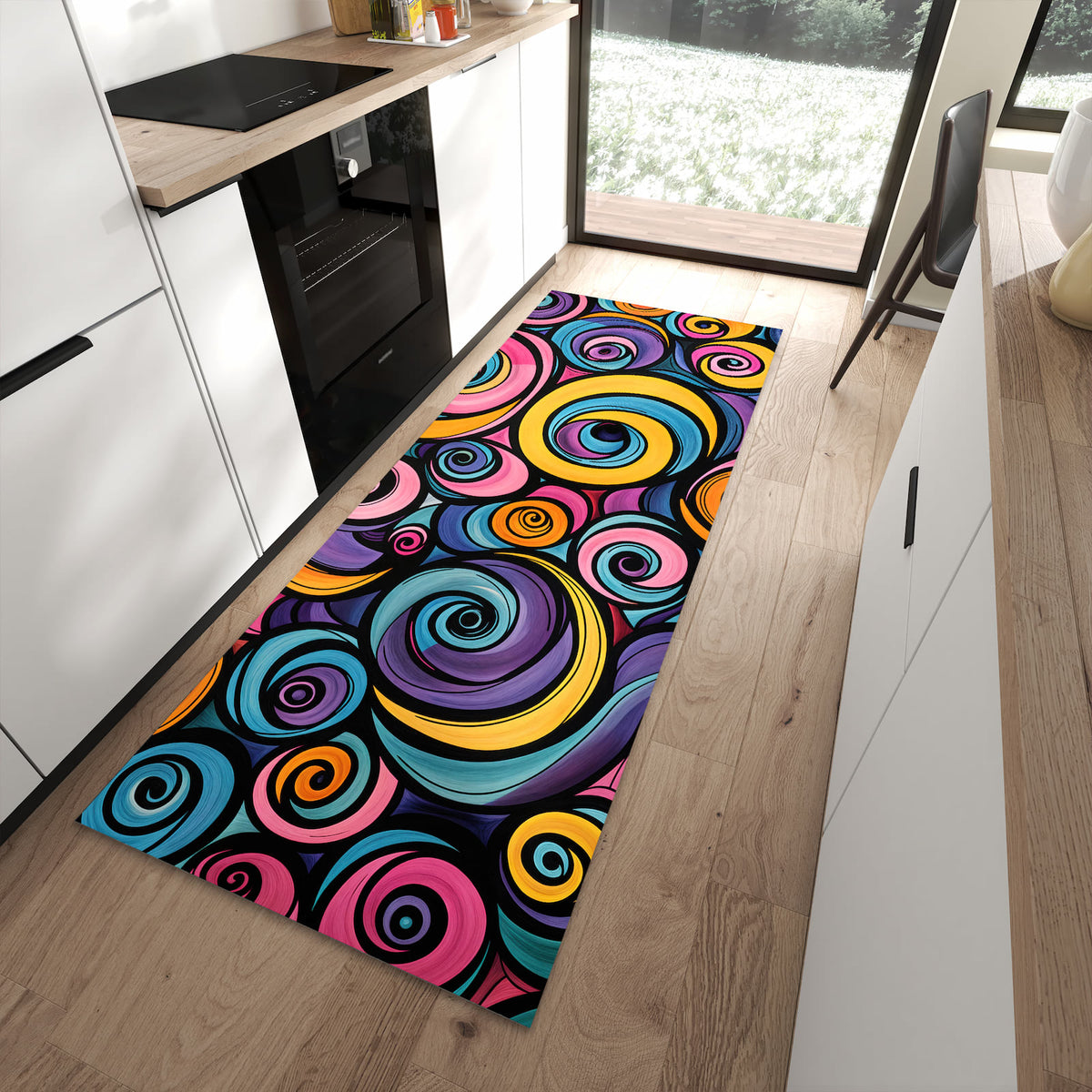 Geräuschdämpfender Küchenläufer mit Motiv Farbige Spiralen in moderner Küche