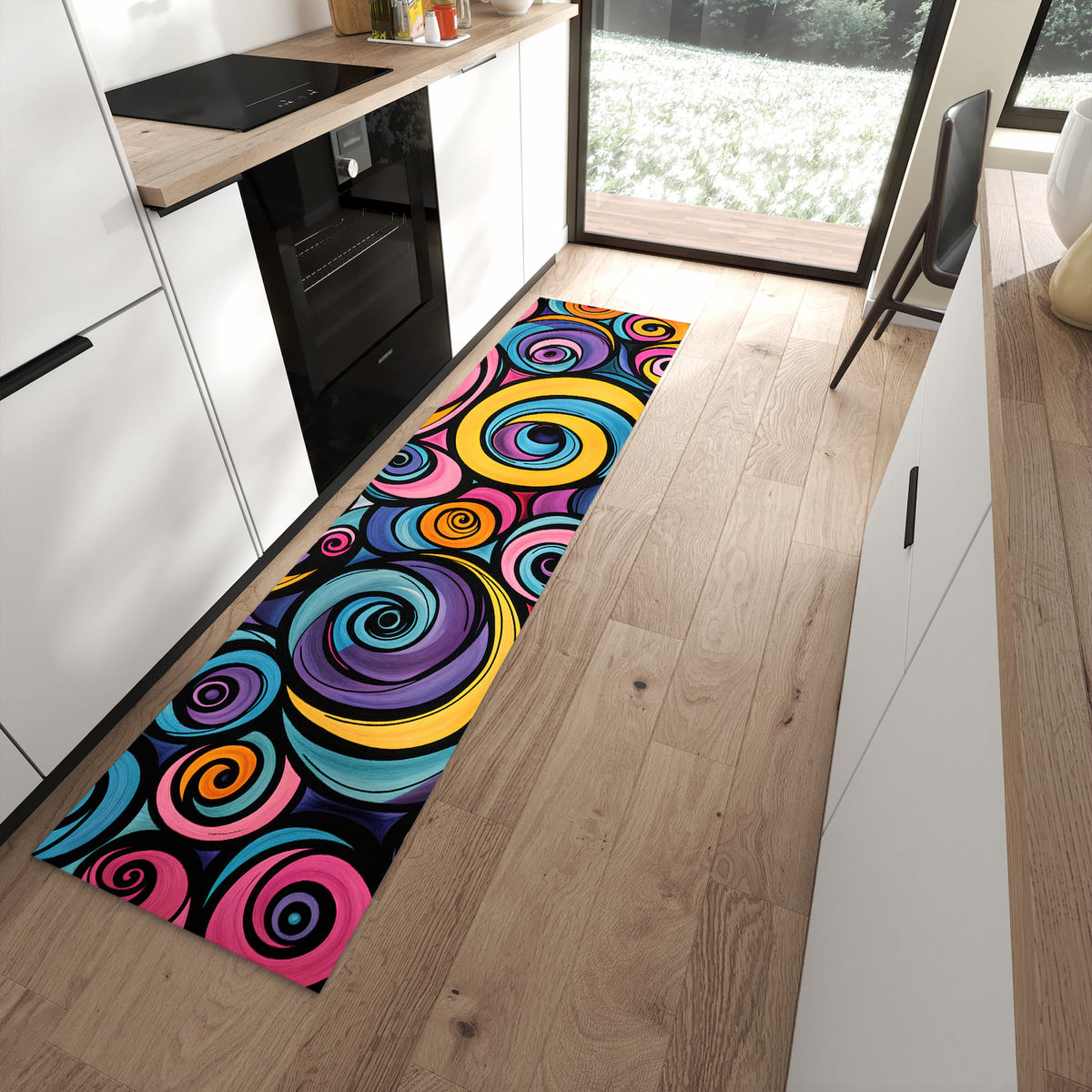Rutschfester Küchenteppich mit Motiv Farbige Spiralen in moderner Küche
