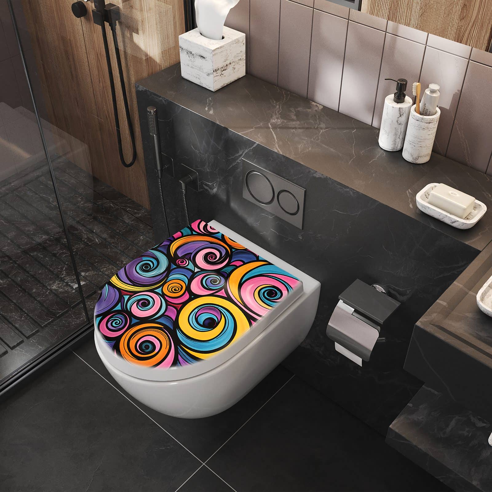 WC-Sitz mit Absenkautomatik Farbige Spiralen