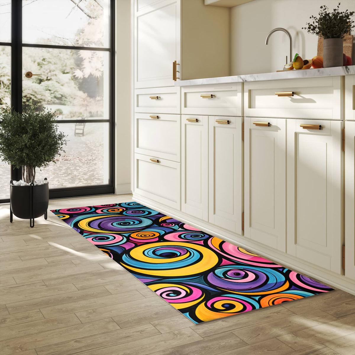 Langlebiger Bodenläufer mit Motiv Farbige Spiralen in heller Küche